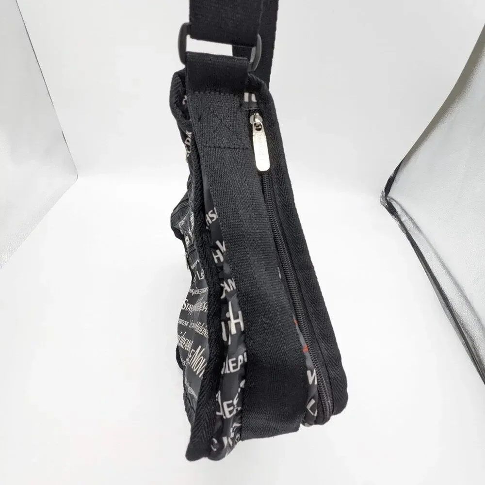 LeSportSac Black All Over Text Print Everyday Messenger Adjustable Crossbody Bag